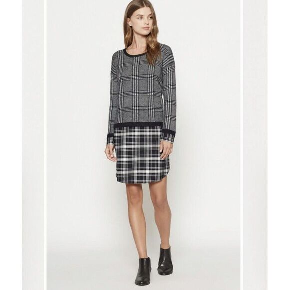Soft Joie Dinay Sweater Dress Womens Small Long Sleeve Layered Mixed Plaid Black - Picture 1 of 7